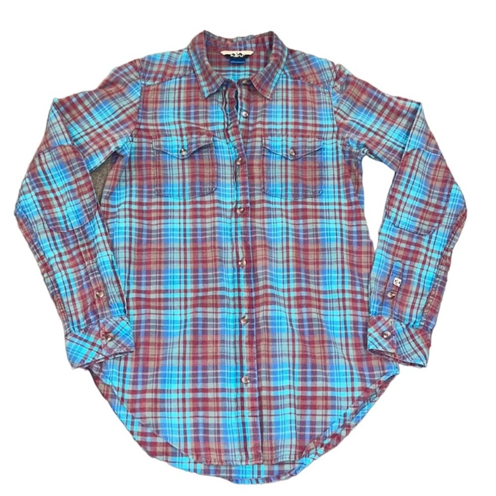 Kavu Billy Jean Plaid Button Up Elbow Patch Shirt Size XS
